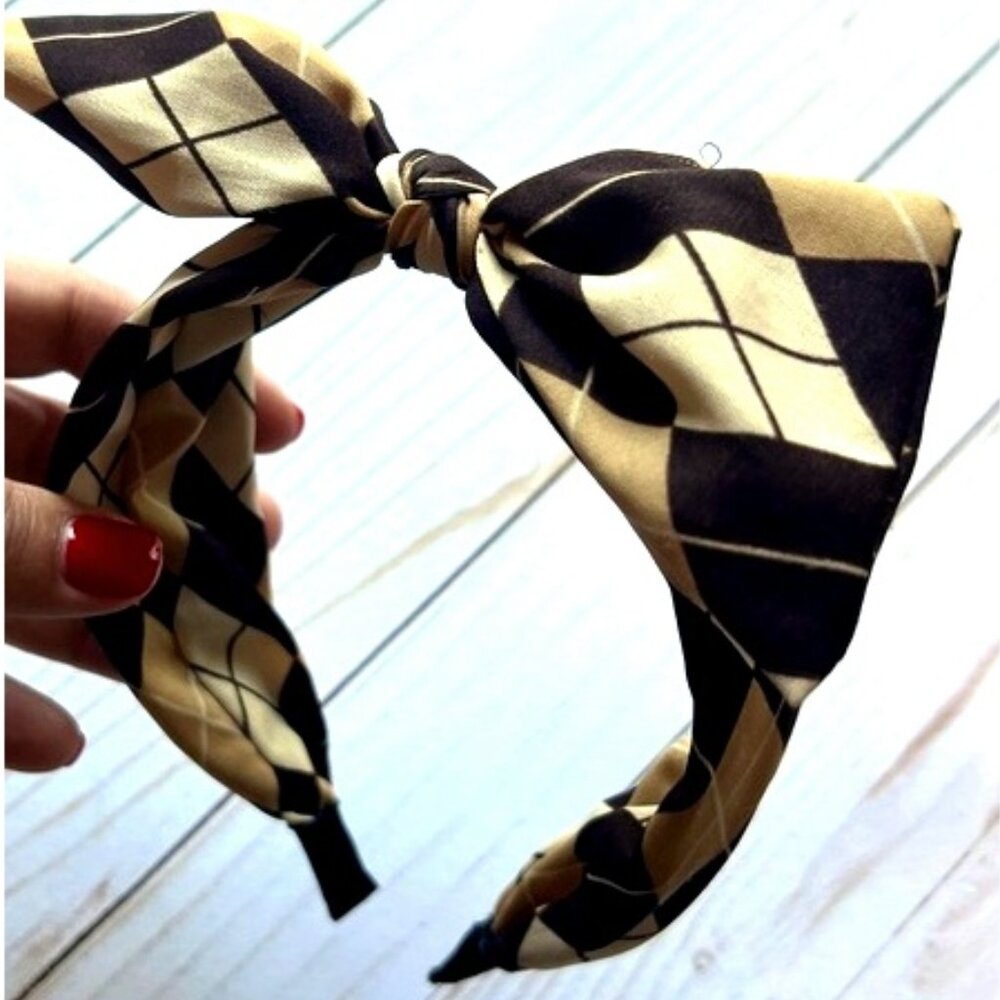 Twee Mod Wired Bow Headband • Vintage Mod Brown Tan Argyle Plaid • Blair Waldorf